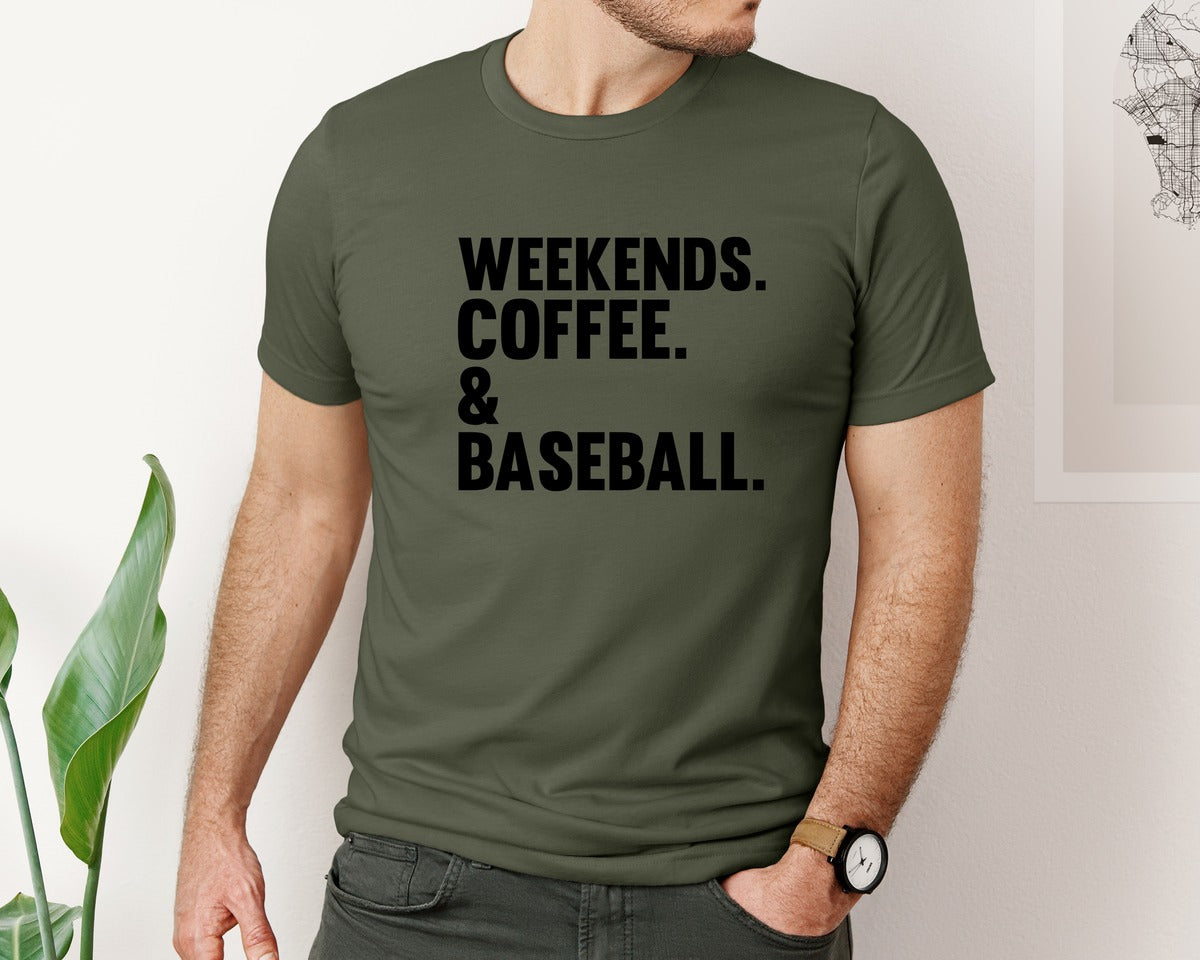 brand:Bella Canvas|color:Military Green|Weekends Coffee Baseball Tshirt Design Graphic T-Shirt