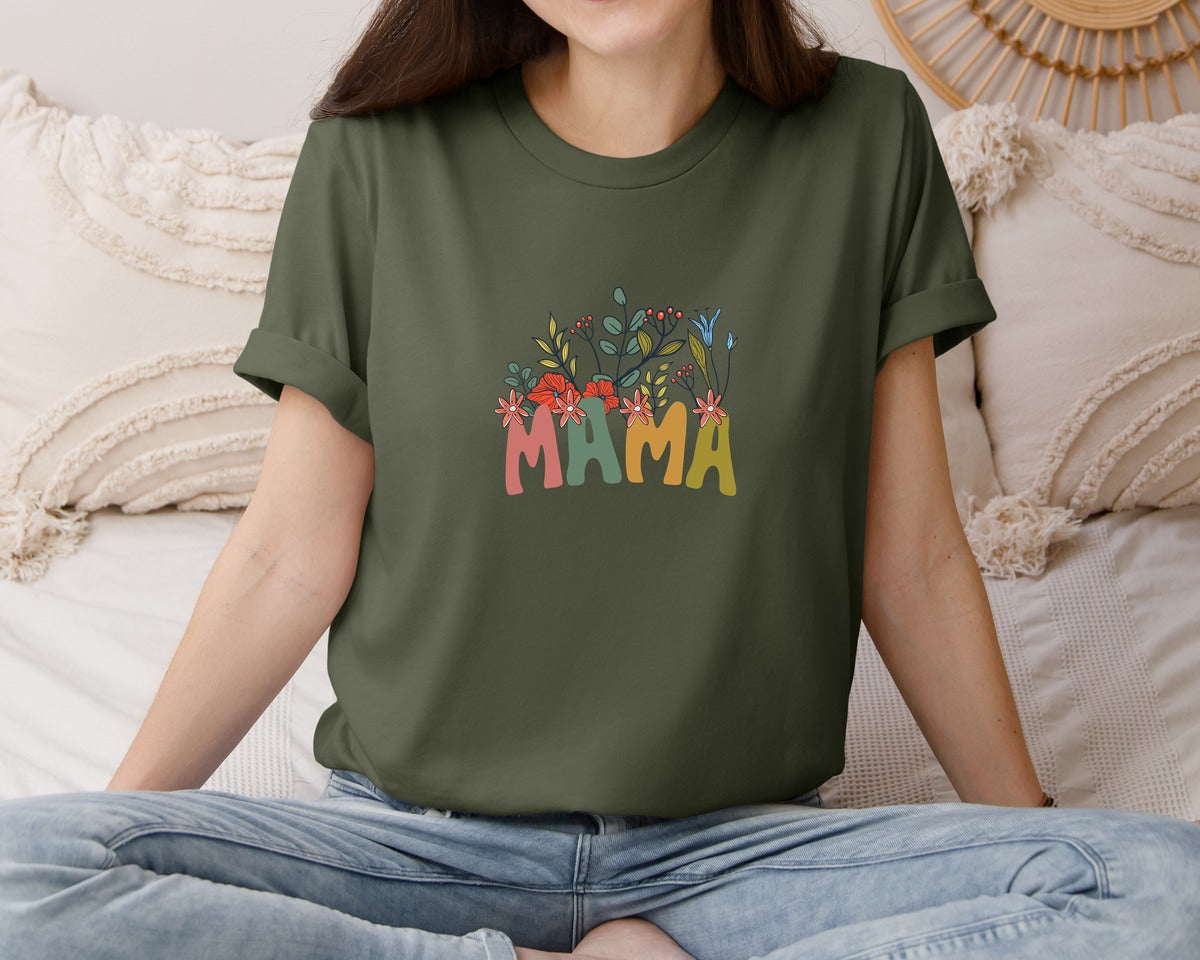 brand:Bella Canvas|color:Military Green|Mama Shirt Wildflowers Mama Shirt Graphic T-Shirt