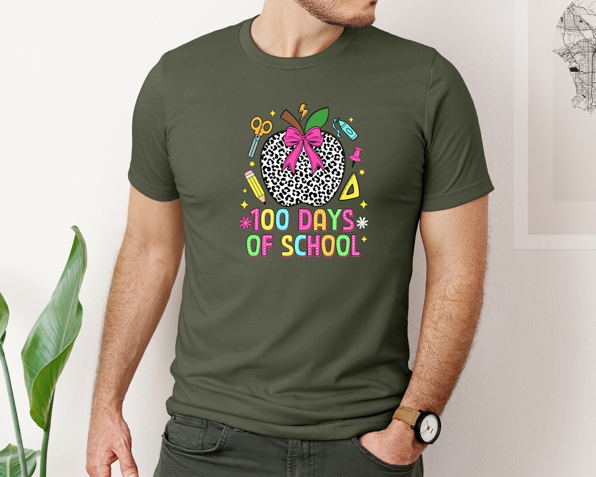 brand:Bella Canvas|color:Military Green|Coquette 100 Days Of School Graphic T-Shirt
