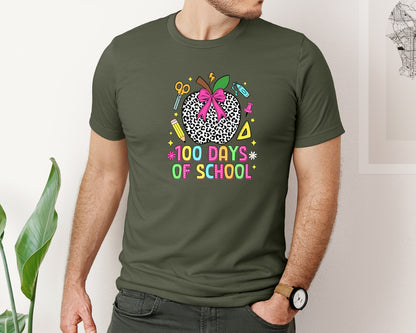 brand:Bella Canvas|color:Military Green|Coquette 100 Days Of School Graphic T-Shirt