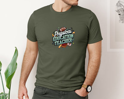 brand:Bella Canvas|color:Military Green|Physical Education Teacher 2 Graphic T-Shirt