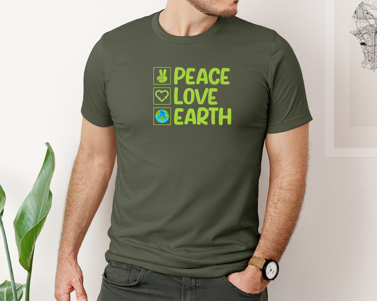 brand:Bella Canvas|color:Military Green|Peace Love Earth T Shirt Graphic T-Shirt