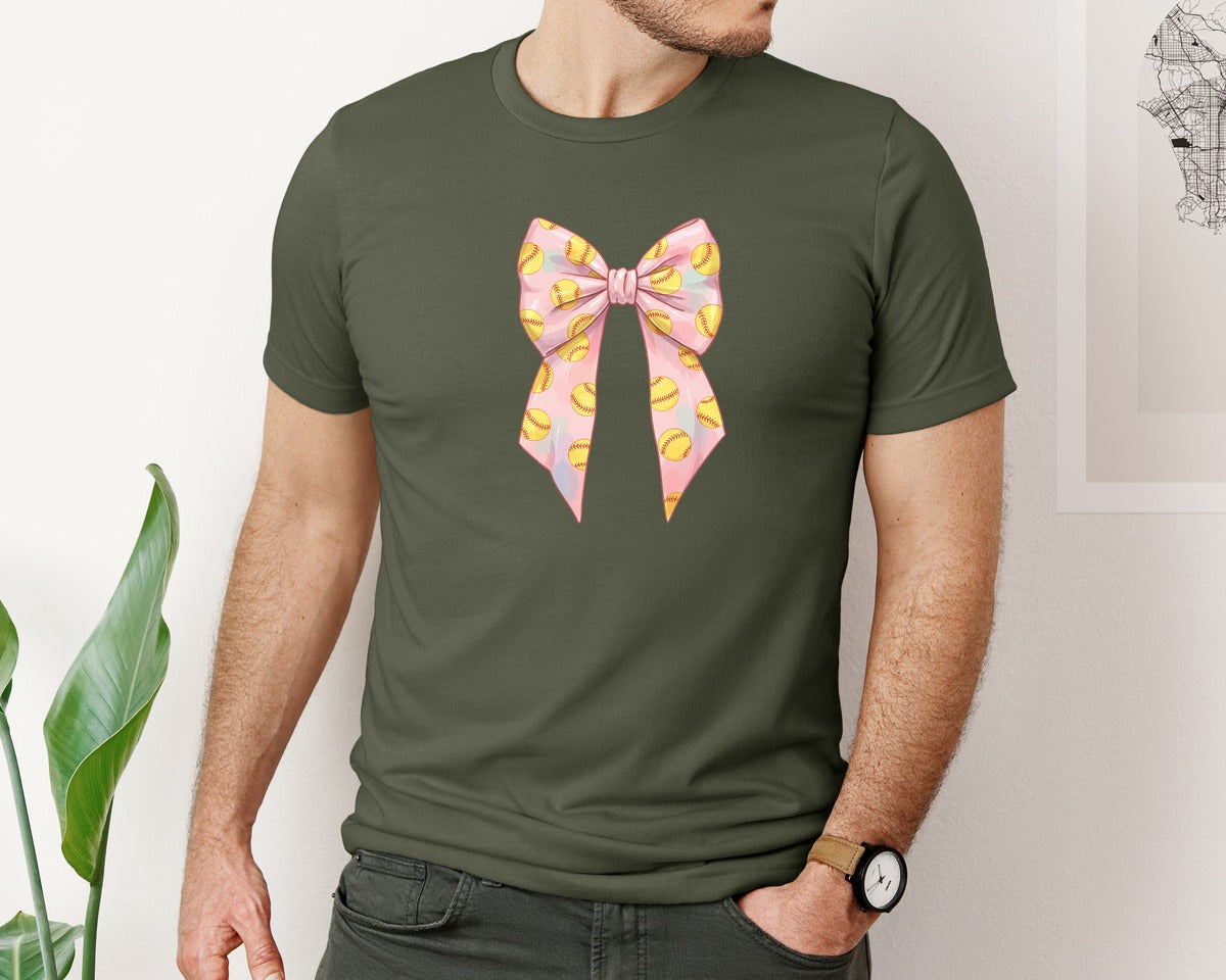 brand:Bella Canvas|color:Military Green|Softball Bow Graphic T-Shirt