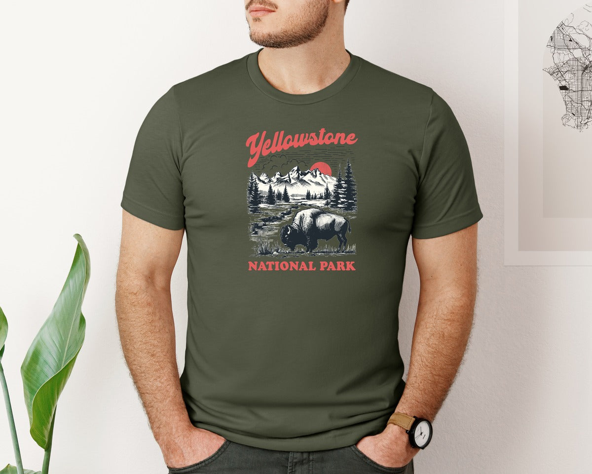 brand:Bella Canvas|color:Military Green|Yellowstone National Park Bison Shirt Graphic T-Shirt