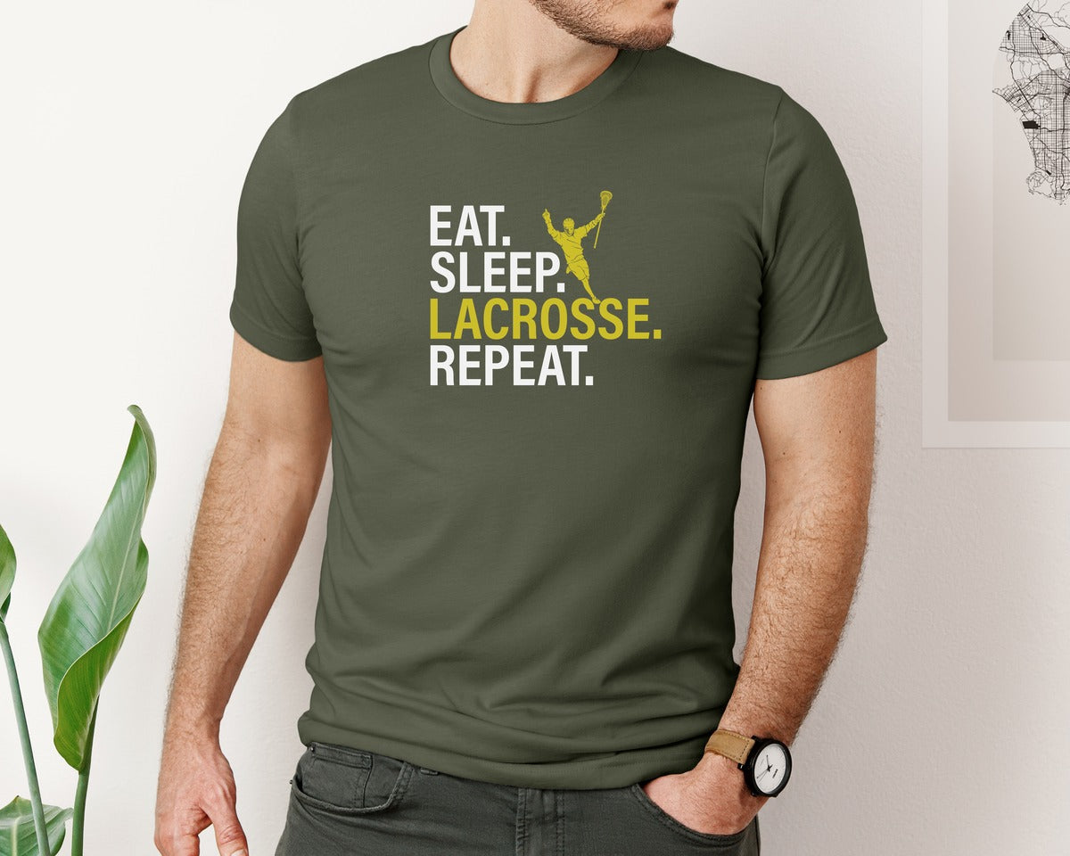 brand:Bella Canvas|color:Military Green|Eat Sleep Lacrosse Repeat Sports Team Graphic T-Shirt