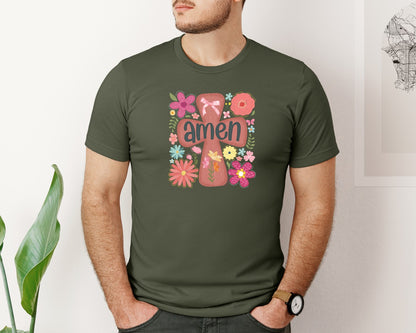 brand:Bella Canvas|color:Military Green|Boho Floral Amen Christian Graphic T-Shirt