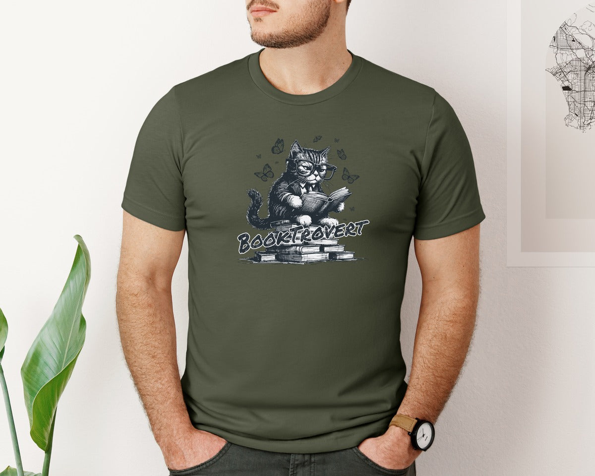 brand:Bella Canvas|color:Military Green|Book Trovert Reading Cat Shirt Graphic T-Shirt