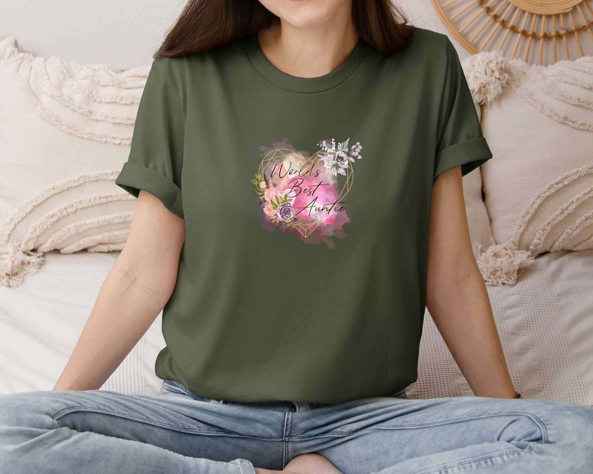brand:Bella Canvas|color:Military Green|Worlds Best Auntie Heart Graphic T-Shirt