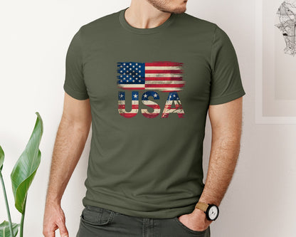 brand:Bella Canvas|color:Military Green|Distressed Vintage Usa Flag 4Th Of July Graphic T-Shirt