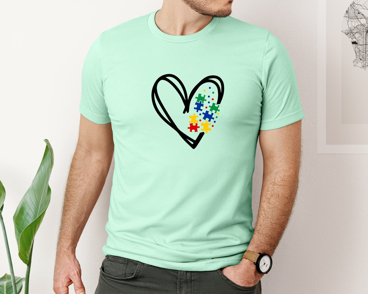 brand:Bella Canvas|color:Mint|Autism Heart Autism Puzzle Graphic T-Shirt