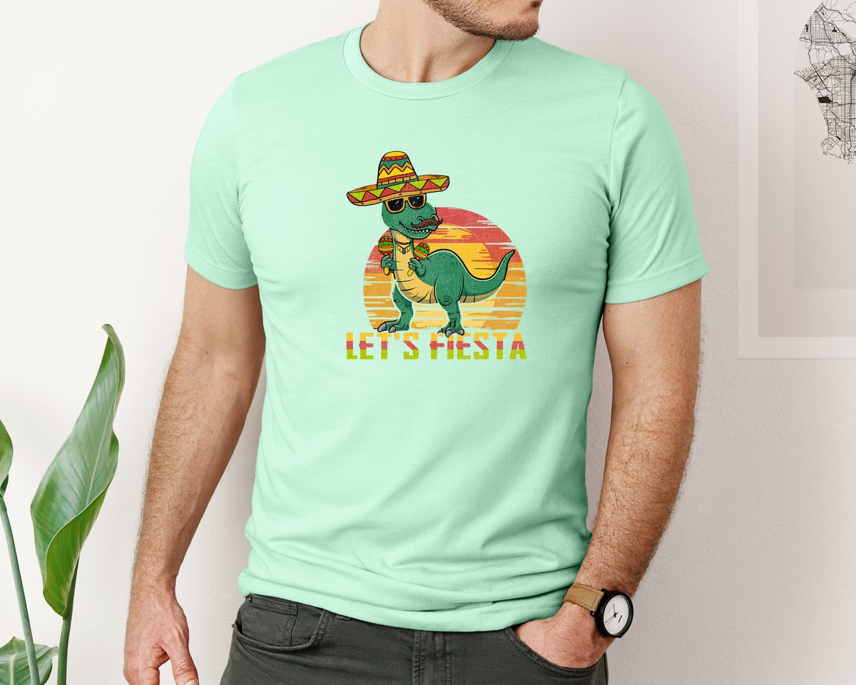 brand:Bella Canvas|color:Mint|Lets Fiesta Dinosaur Cinco De Mayo Graphic T-Shirt
