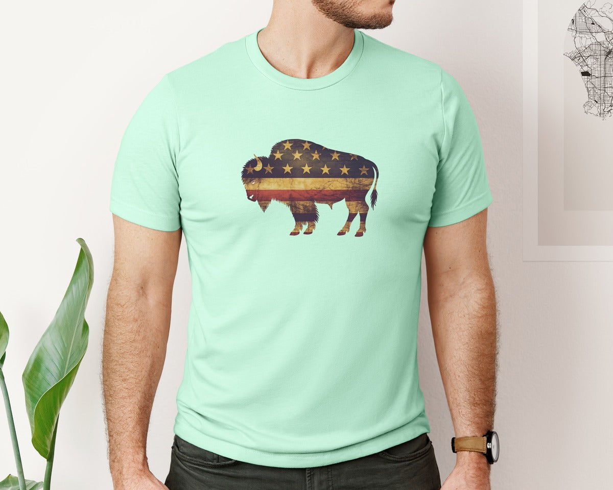 brand:Bella Canvas|color:Mint|American Bison Patriotic Usa Flag 4 Graphic T-Shirt
