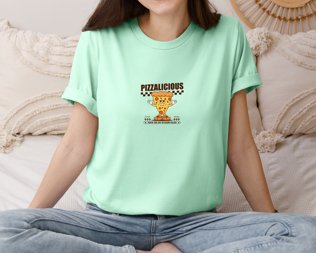 brand:Bella Canvas|color:Mint|Vintage Slice Pizza Cartoon Character Graphic T-Shirt