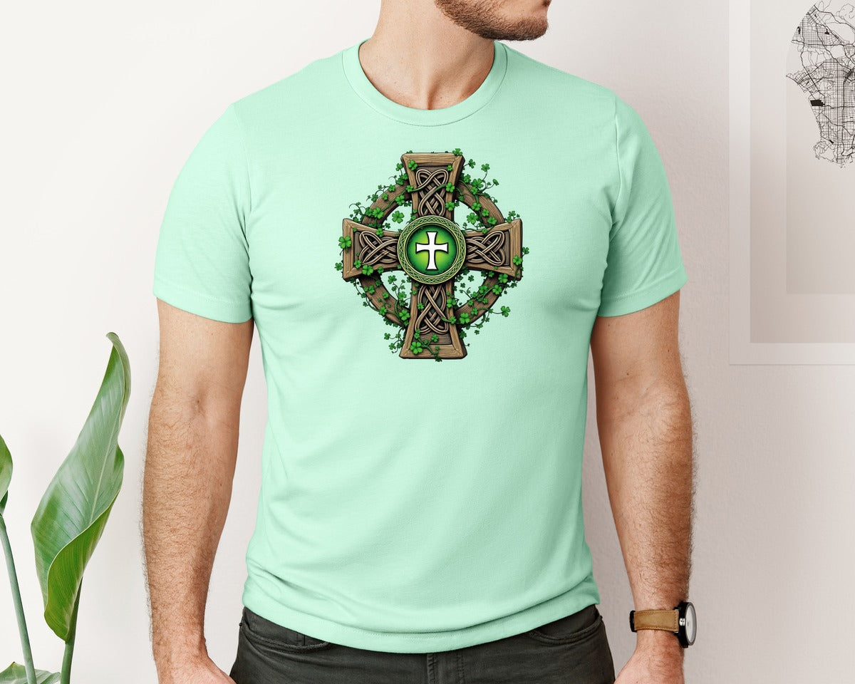 brand:Bella Canvas|color:Mint|Celtic Cross With Shamrocks Irish Graphic T-Shirt