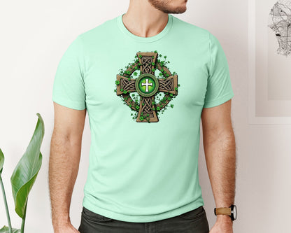 brand:Bella Canvas|color:Mint|Celtic Cross With Shamrocks Irish Graphic T-Shirt