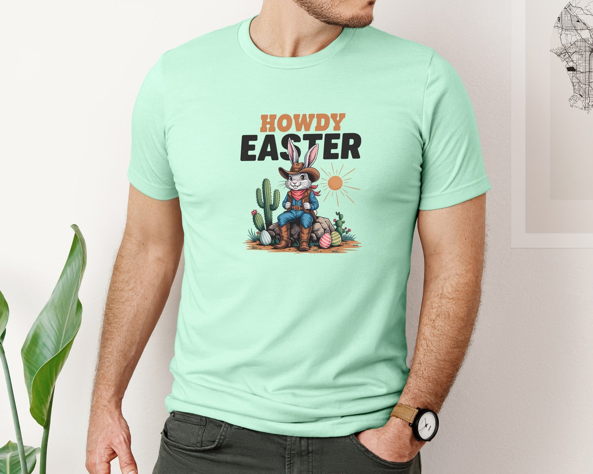 brand:Bella Canvas|color:Mint|Howdy Easter Western Cowboy Bunny 2 Graphic T-Shirt