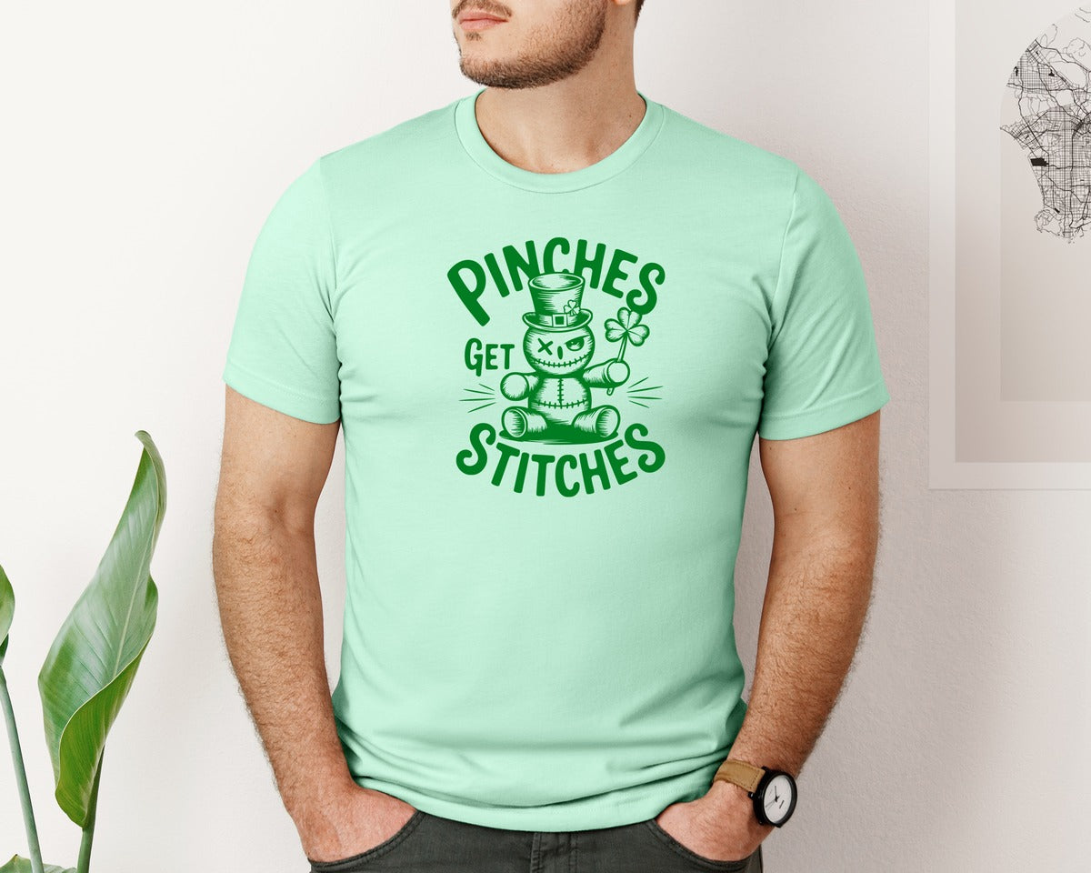 brand:Bella Canvas|color:Mint|Pinches Get Stitches Funny St Patri Graphic T-Shirt