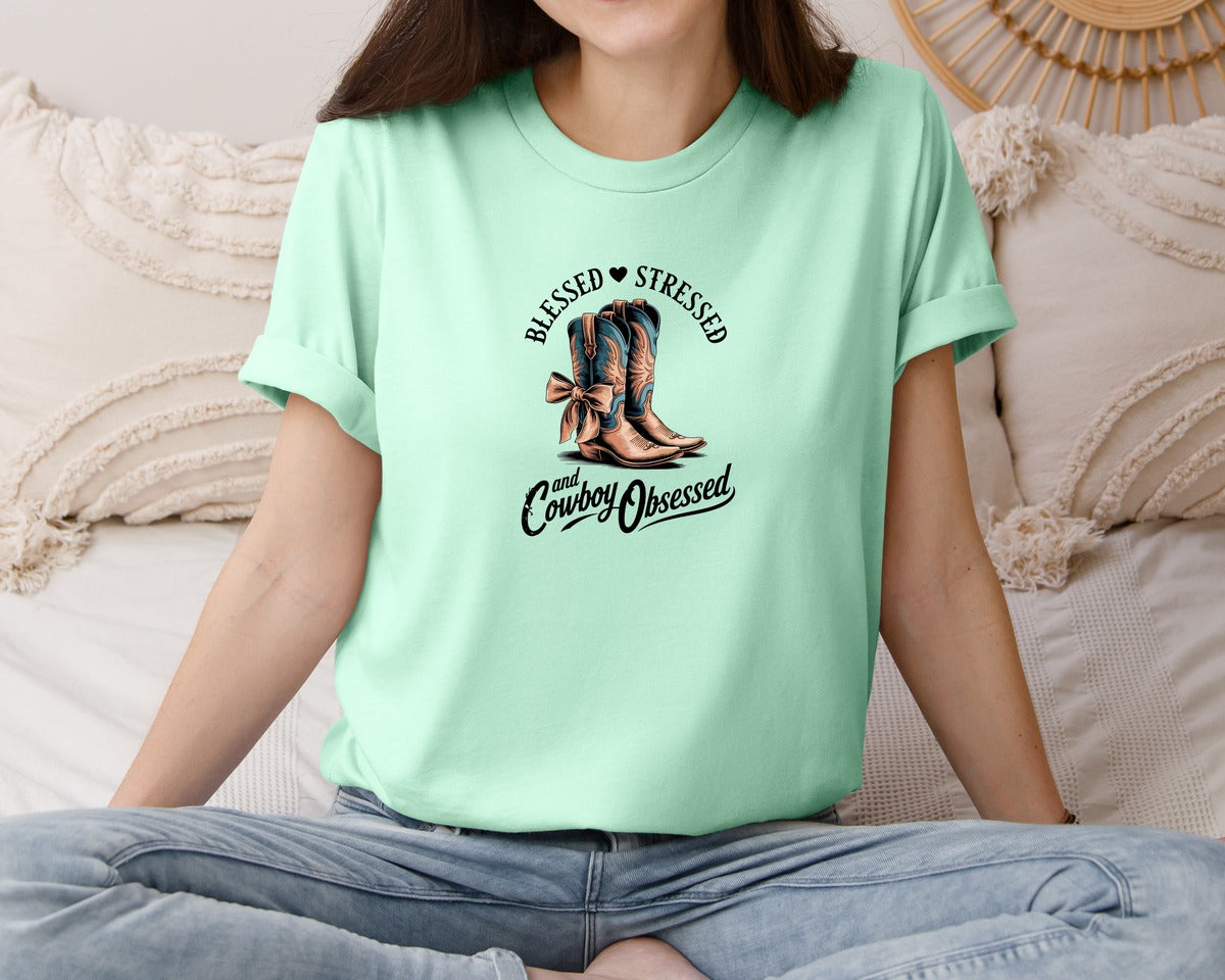 brand:Bella Canvas|color:Mint|Blessed Stressed Mom Western Mothers Day 3 Graphic T-Shirt