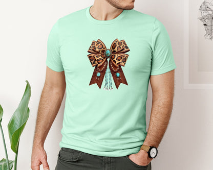 brand:Bella Canvas|color:Mint|Western Leopard Bow Bohemian Coquette Graphic T-Shirt