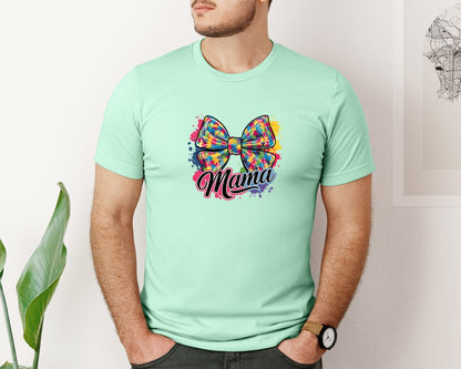 brand:Bella Canvas|color:Mint|Autism Mama Colorful Puzzle Bow Art Graphic T-Shirt
