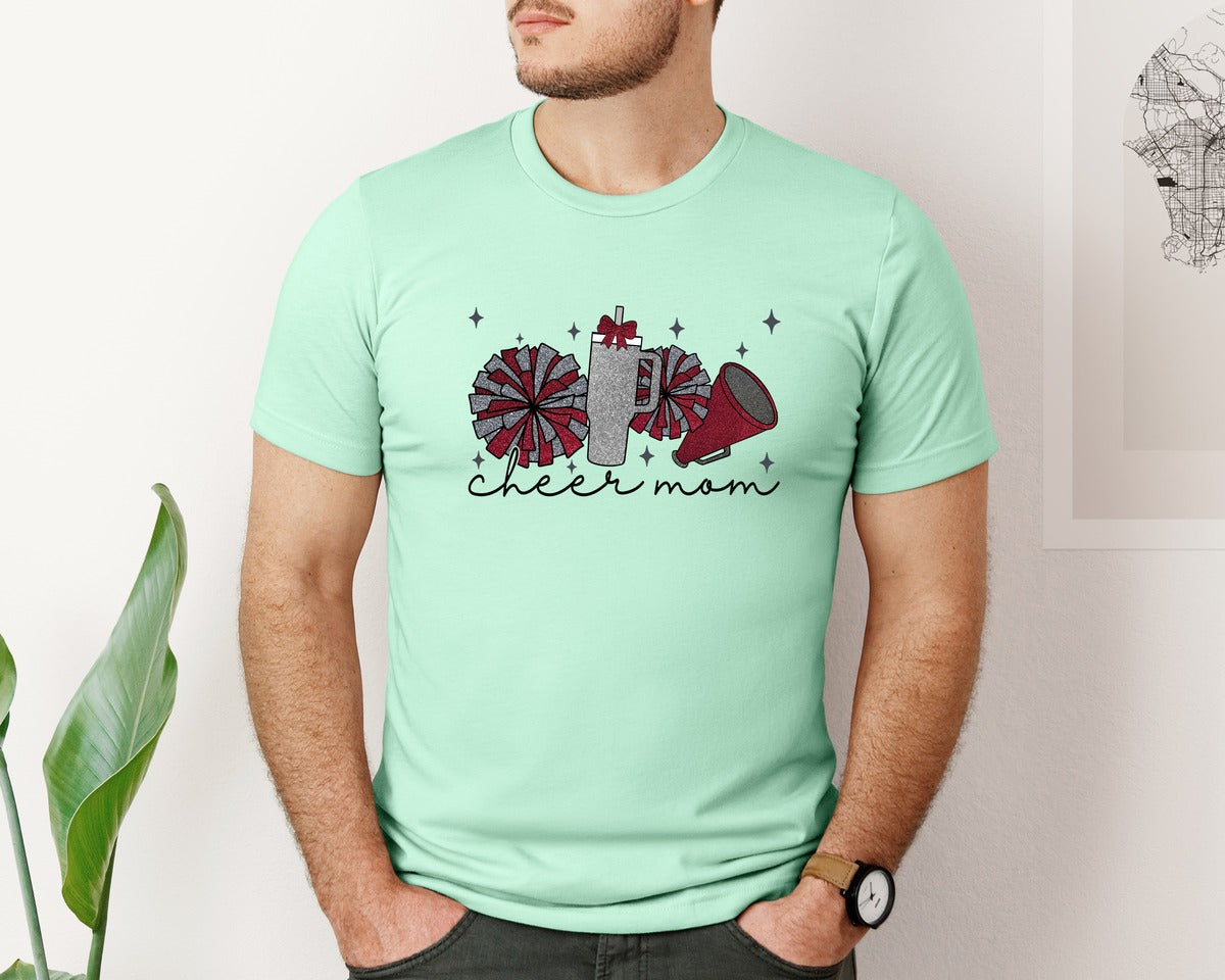 brand:Bella Canvas|color:Mint|Cheer Mom Glitter Cheerleading Graphic T-Shirt