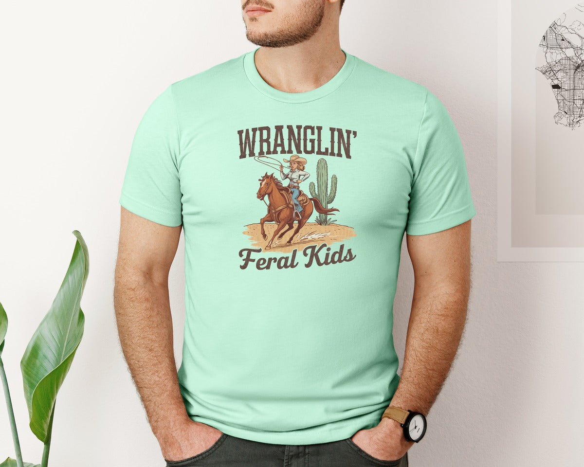 brand:Bella Canvas|color:Mint|Wranglin Feral Kids Western Mothers Day 3 Graphic T-Shirt