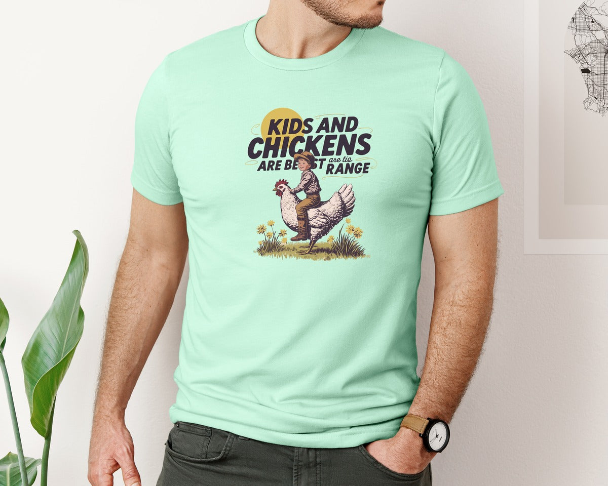 brand:Bella Canvas|color:Mint|Kids And Chickens Vintage Farm Graphic T-Shirt
