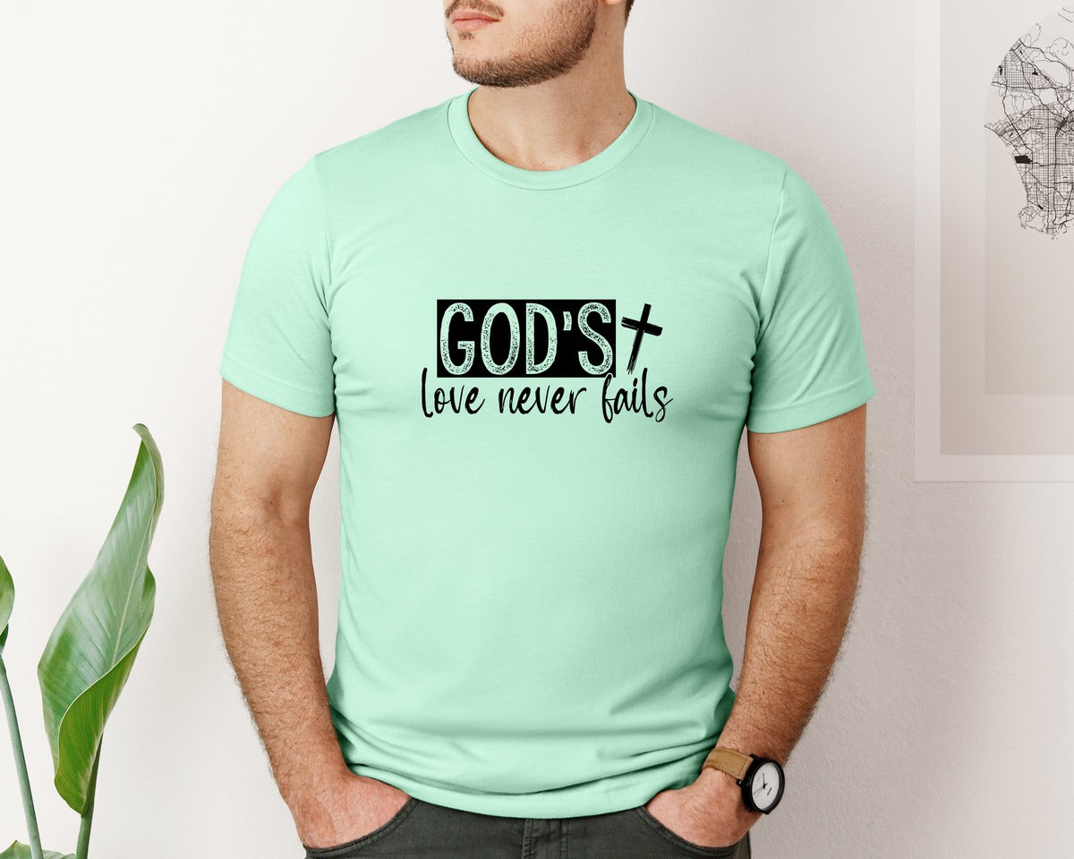 brand:Bella Canvas|color:Mint|Gods Love Never Fails Sleeve Design 2 Graphic T-Shirt