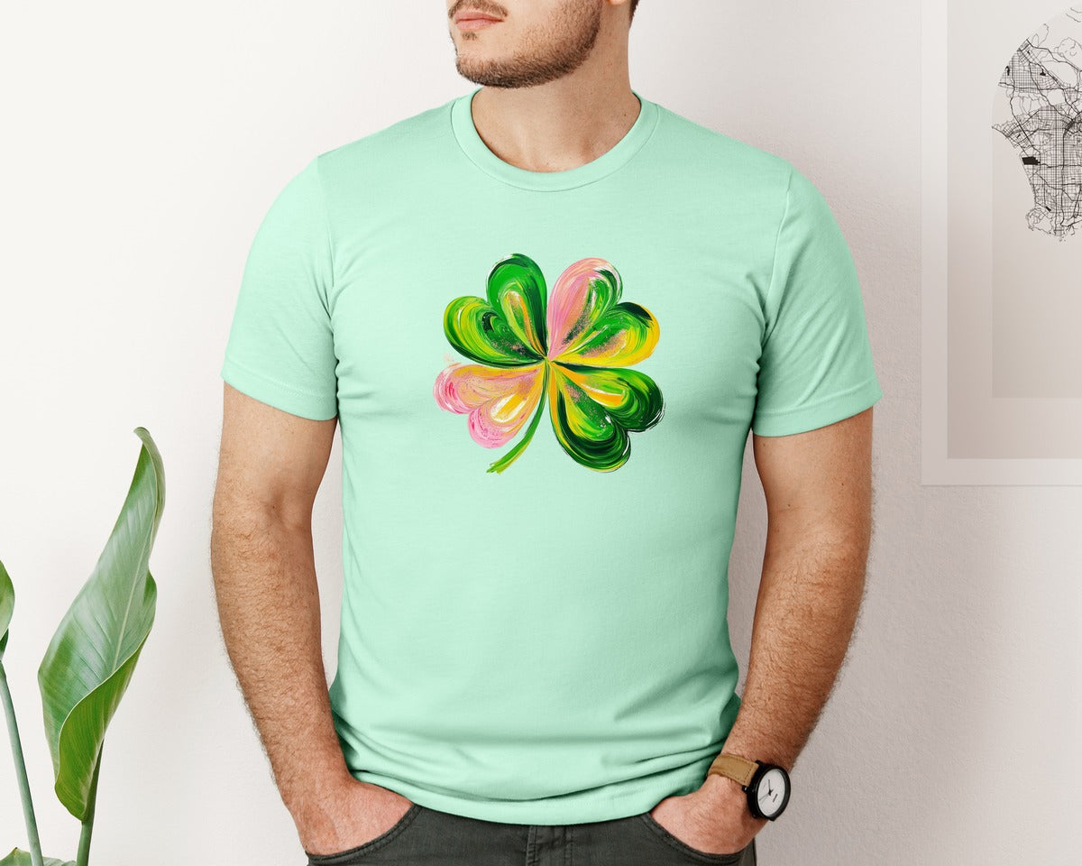 brand:Bella Canvas|color:Mint|Brushstroke Shamrock Graphic T-Shirt
