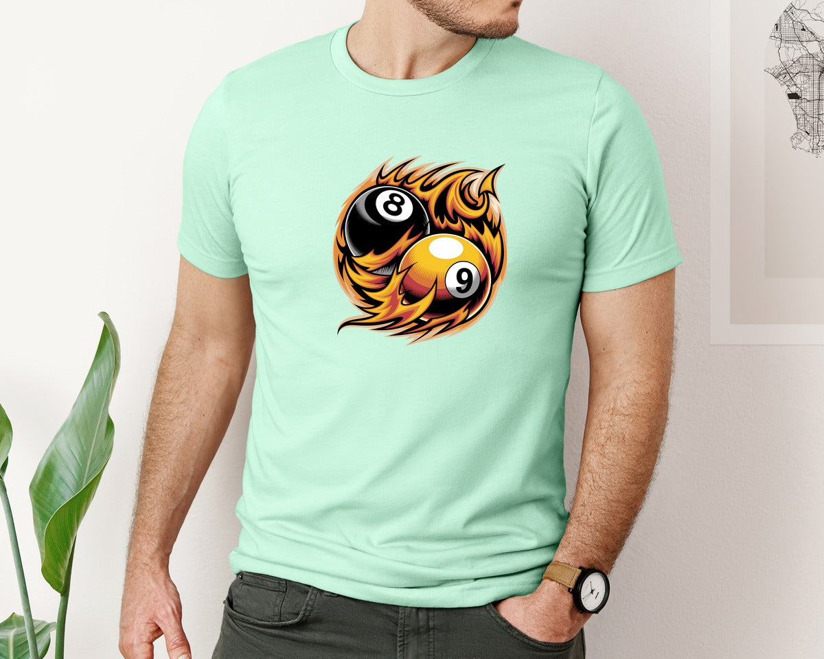 brand:Bella Canvas|color:Mint|Flaming 8 9 Ball Billiards Graphic T-Shirt