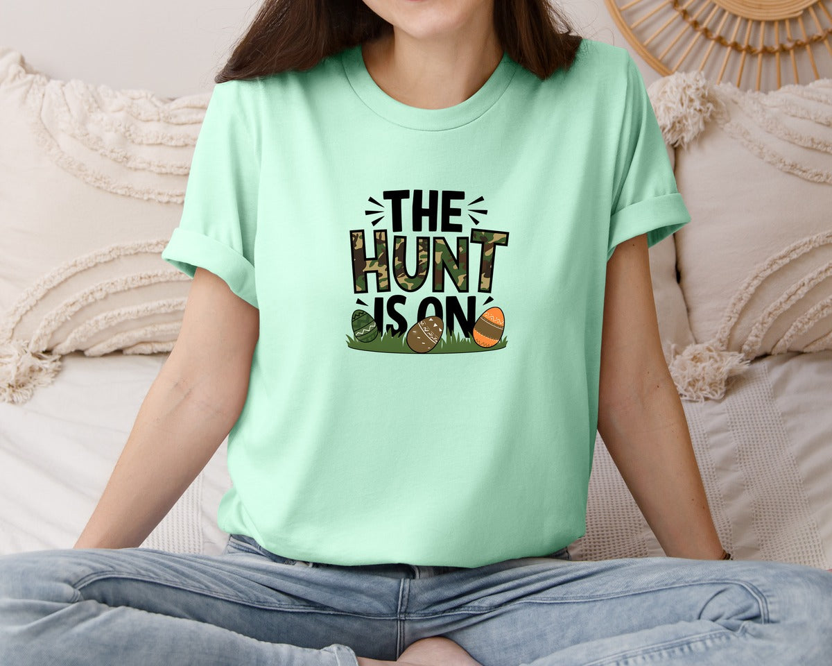 brand:Bella Canvas|color:Mint|The Hunt Is On Camo Easter Egg Camo Graphic T-Shirt