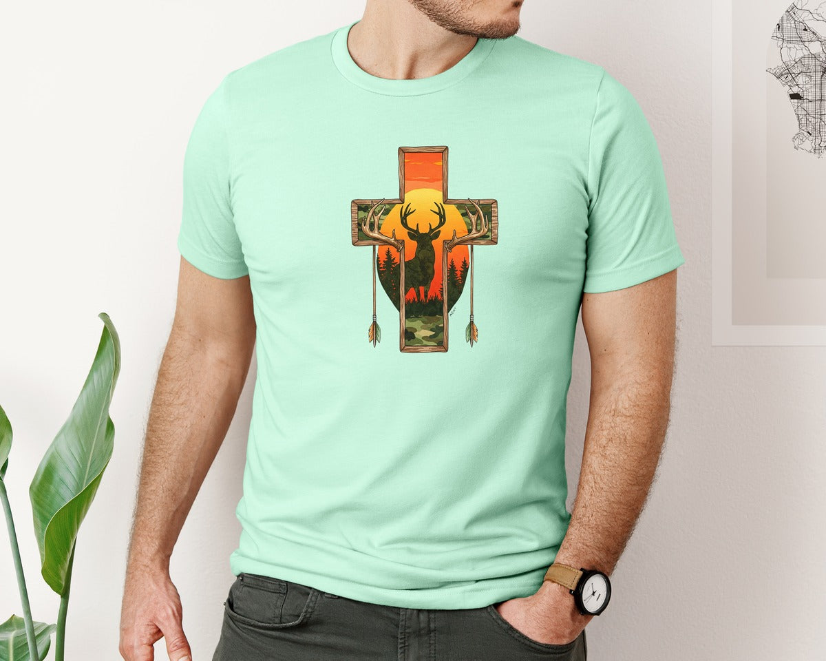 brand:Bella Canvas|color:Mint|Deer Cross Rustic Hunting Cross Sub Graphic T-Shirt