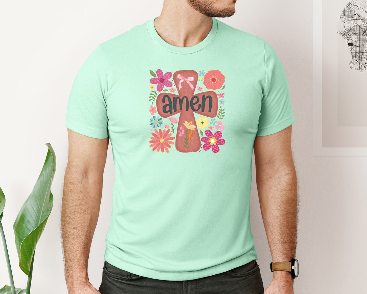 brand:Bella Canvas|color:Mint|Boho Floral Amen Christian Graphic T-Shirt