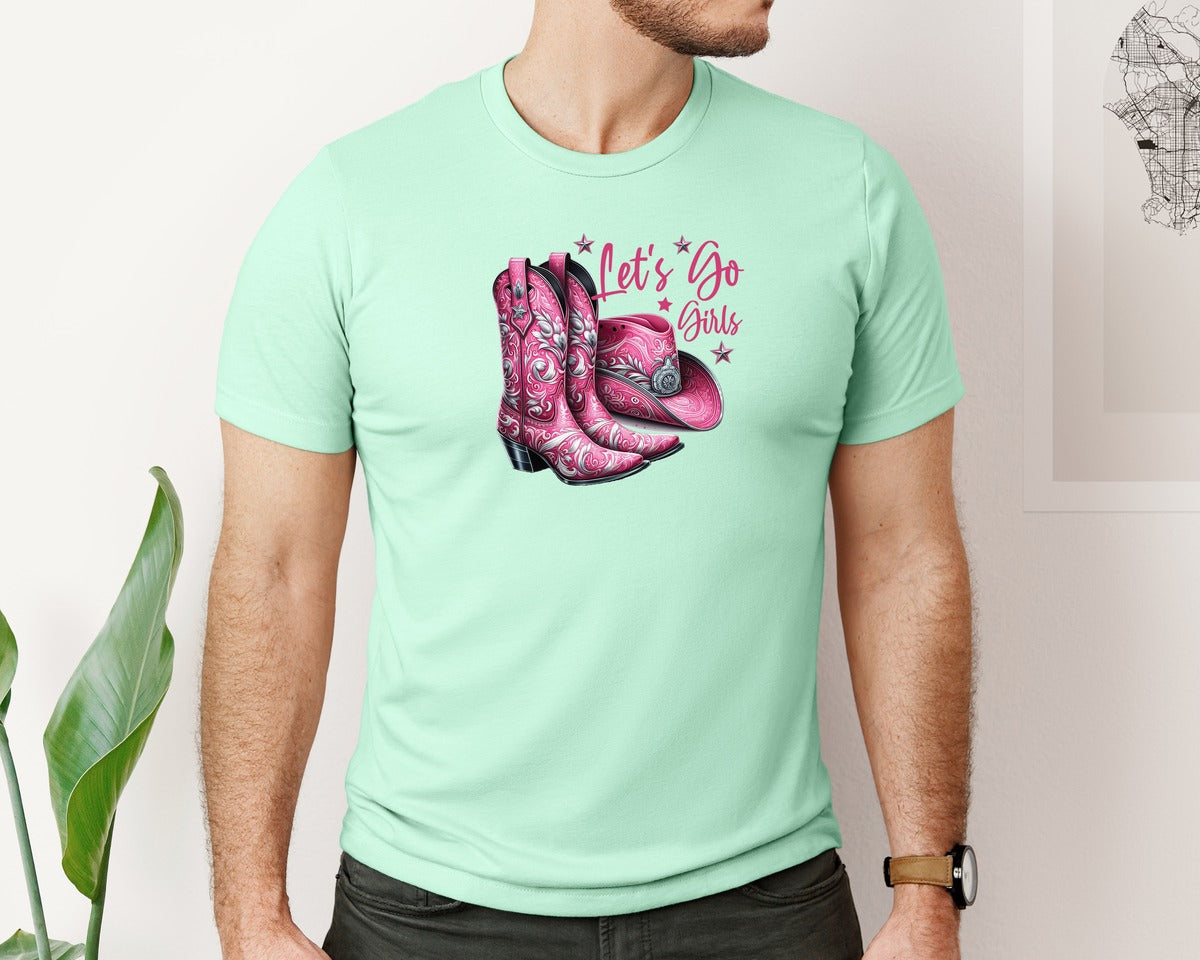 brand:Bella Canvas|color:Mint|Lets Go Girls Cowgirl Boots 2 Graphic T-Shirt