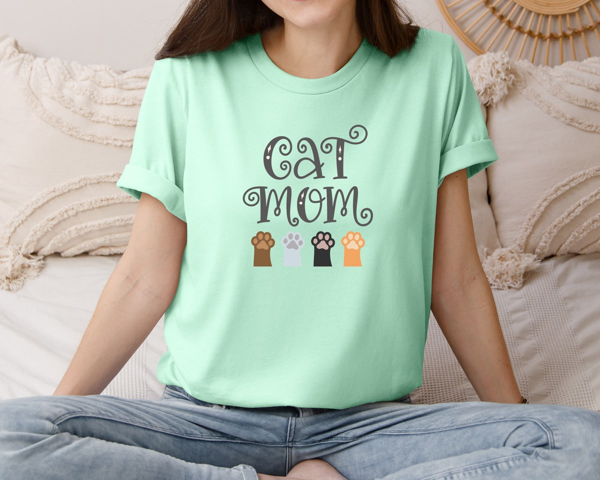 brand:Bella Canvas|color:Mint|Cat Mom Cute Crazy Cat Lady Quote 2 Graphic T-Shirt