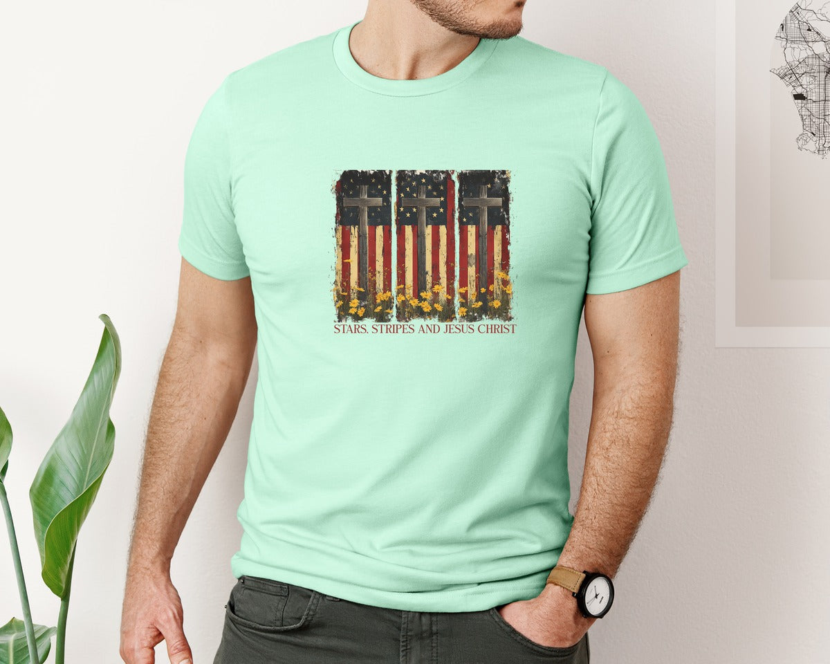 brand:Bella Canvas|color:Mint|Stars And Stripes And Jesus Christ Graphic T-Shirt
