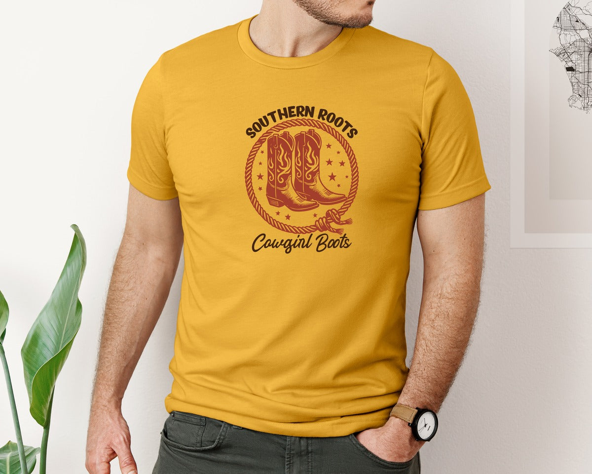 brand:Bella Canvas|color:Mustard|Southern Roots Cowgirl Boots Cowgir Graphic T-Shirt