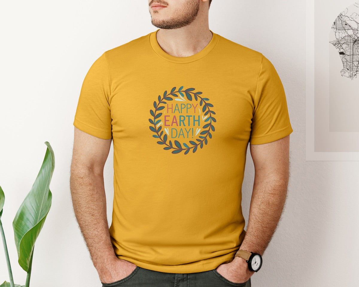 brand:Bella Canvas|color:Mustard|Earth Day With Leaf Wreath T Shirtdesign Graphic T-Shirt