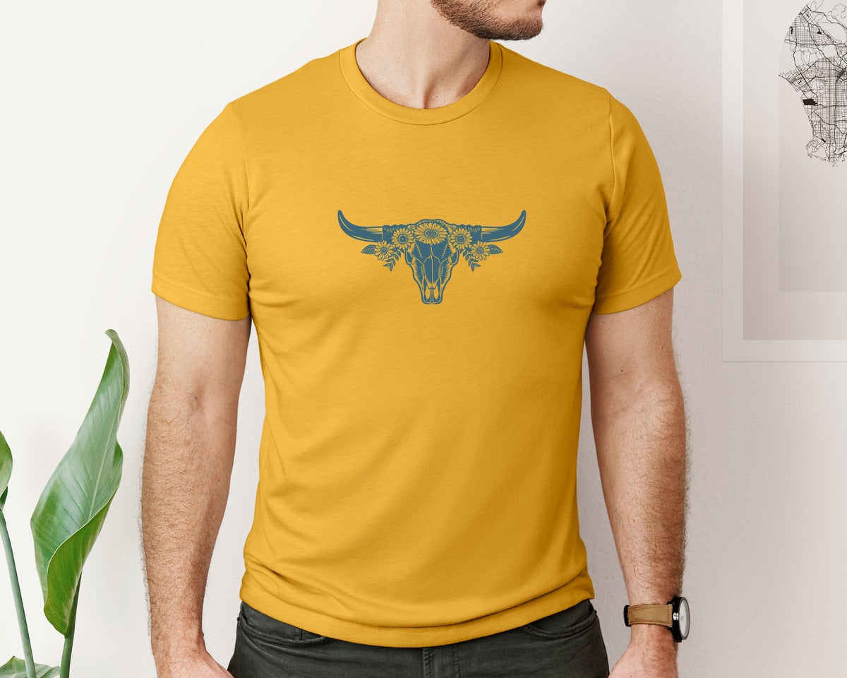 brand:Bella Canvas|color:Mustard|Western Bull Skull Longhorn Boho Flowers 4 Graphic T-Shirt