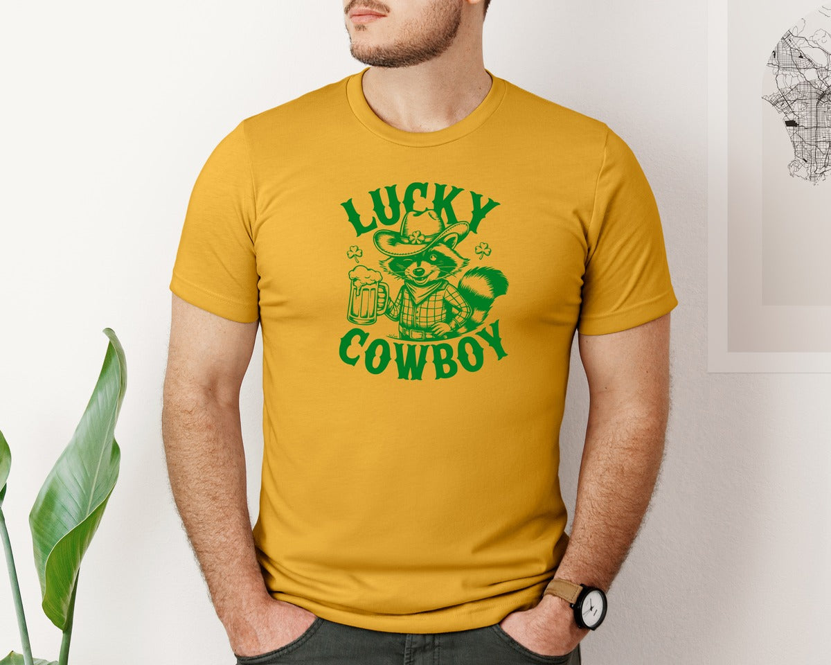 brand:Bella Canvas|color:Mustard|Lucky Cowboy Funny St Patricks Day Graphic T-Shirt