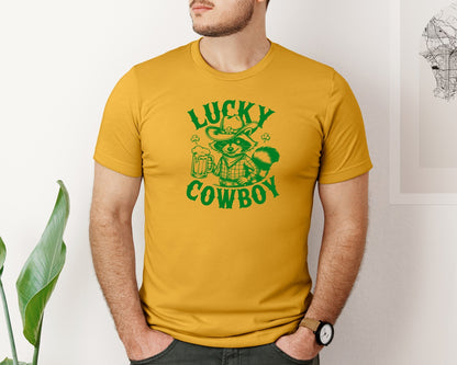 brand:Bella Canvas|color:Mustard|Lucky Cowboy Funny St Patricks Day Graphic T-Shirt