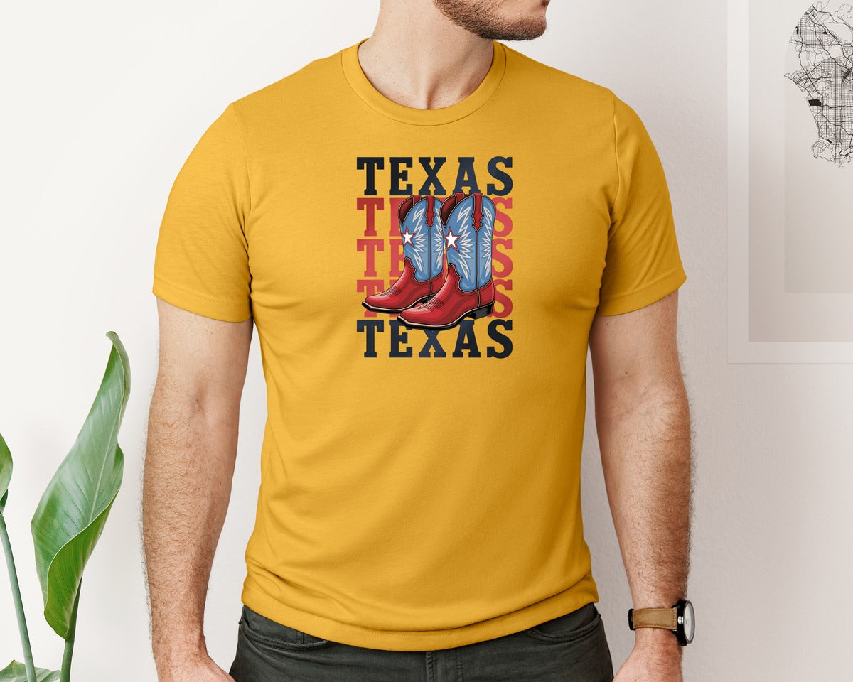 brand:Bella Canvas|color:Mustard|Texas Cowboy Boots Western Rodeo 4 Graphic T-Shirt