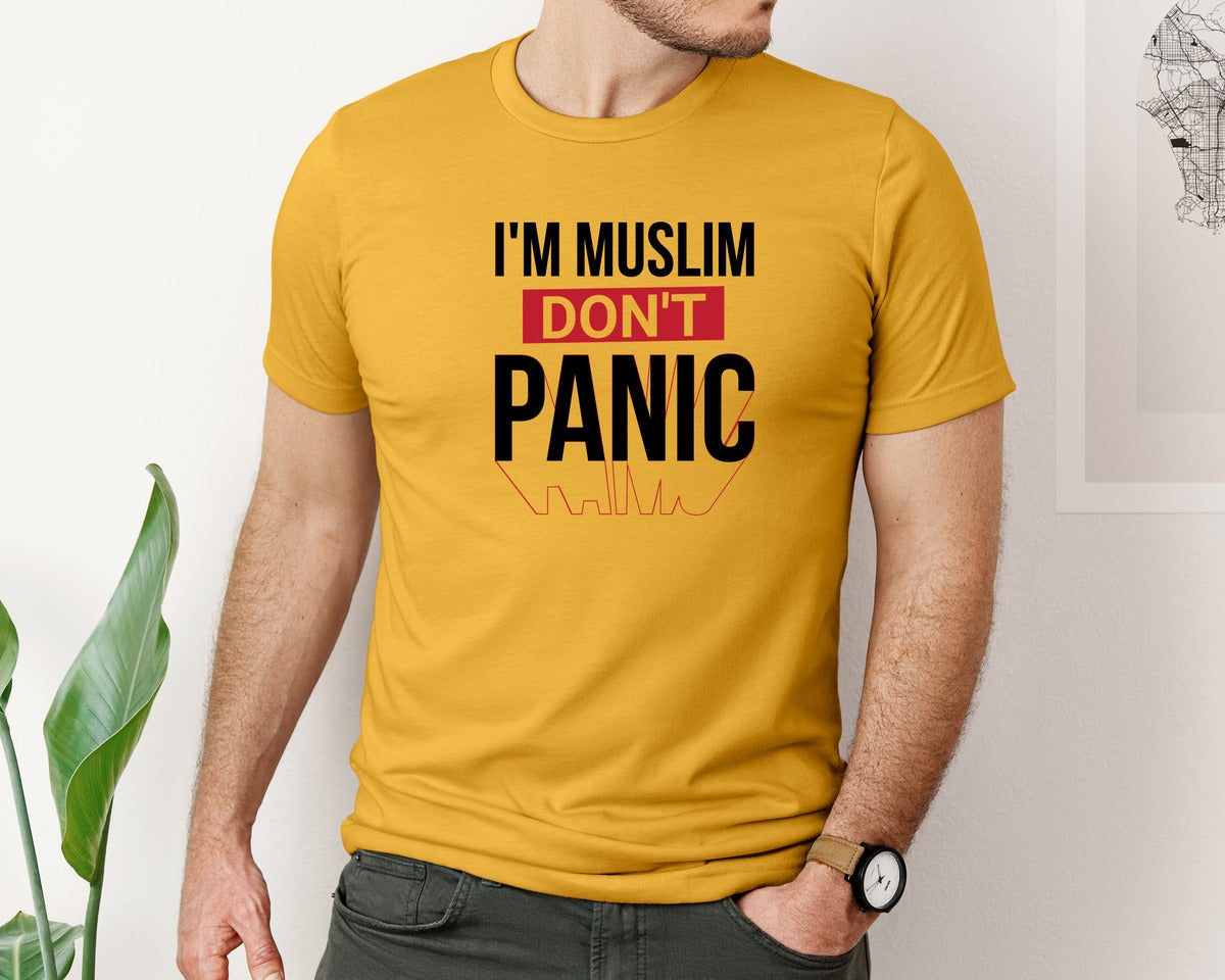 brand:Bella Canvas|color:Mustard|Im Muslim Dont Panic Muslim Quote Is Graphic T-Shirt
