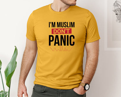brand:Bella Canvas|color:Mustard|Im Muslim Dont Panic Muslim Quote Is Graphic T-Shirt