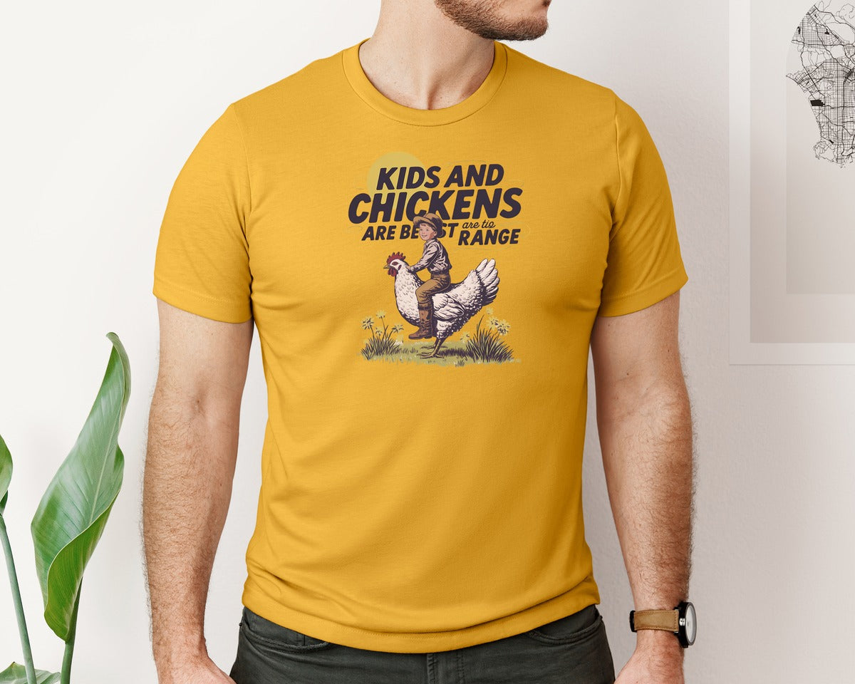 brand:Bella Canvas|color:Mustard|Kids And Chickens Vintage Farm Graphic T-Shirt