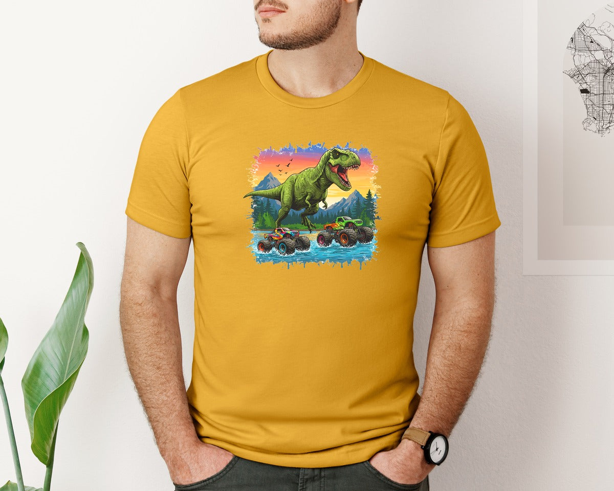 brand:Bella Canvas|color:Mustard|Dinosaur Monster Truck T Rex Graphic T-Shirt