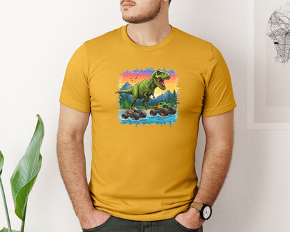 brand:Bella Canvas|color:Mustard|Dinosaur Monster Truck T Rex Graphic T-Shirt