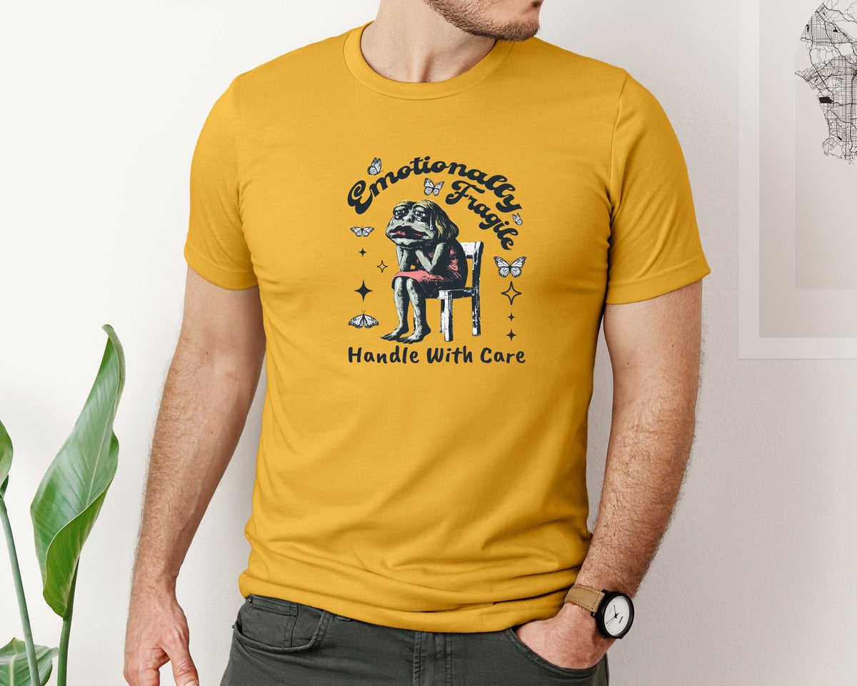 brand:Bella Canvas|color:Mustard|Frog Woman With Tears Emotionally Shirt Graphic T-Shirt