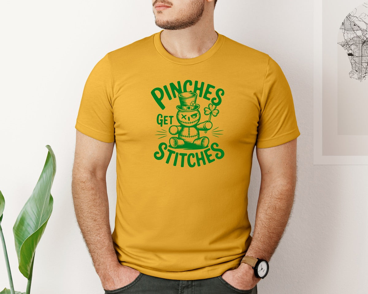 brand:Bella Canvas|color:Mustard|Pinches Get Stitches Funny St Patri Graphic T-Shirt