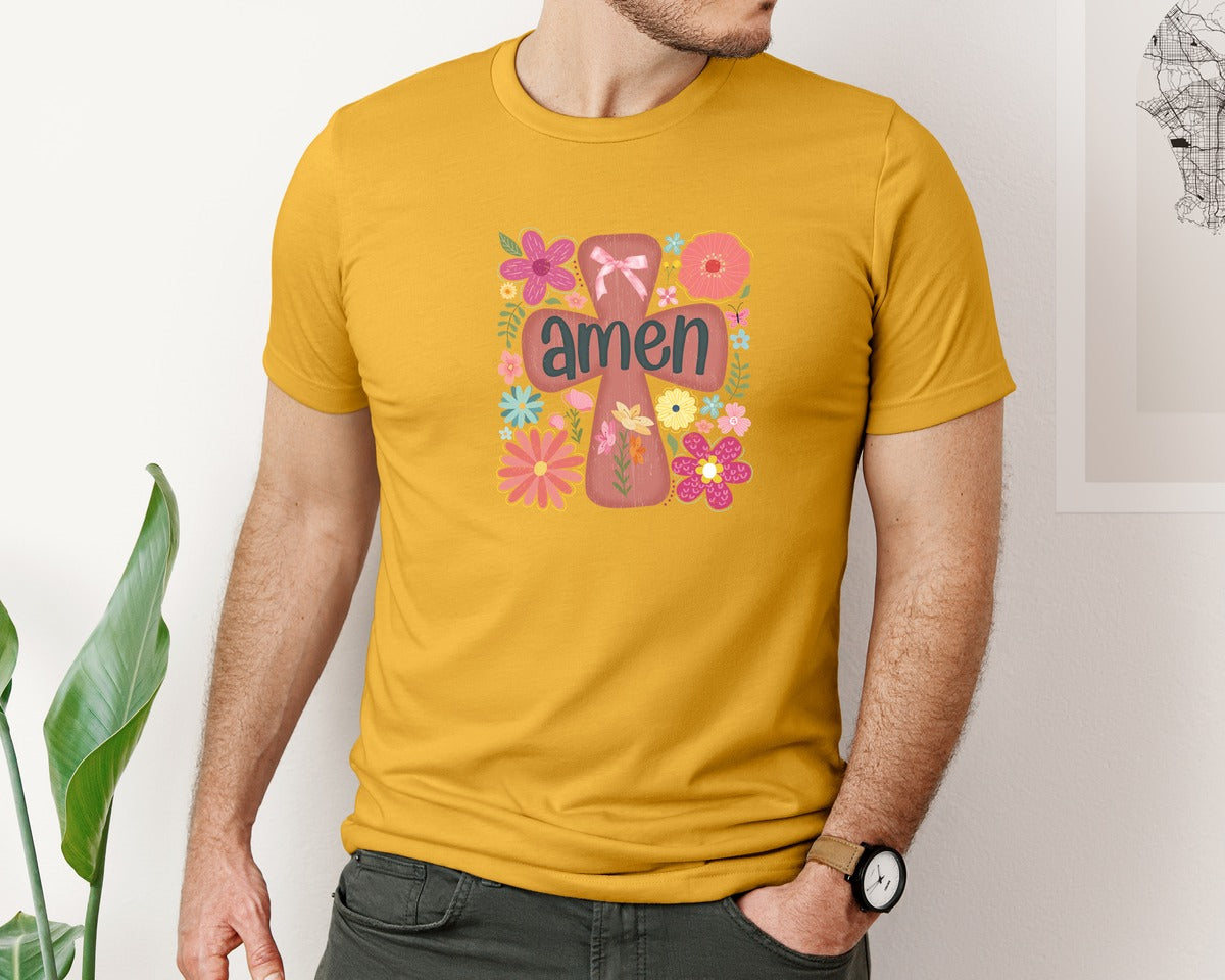 brand:Bella Canvas|color:Mustard|Boho Floral Amen Christian Graphic T-Shirt